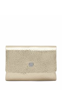 Metallic gold leather clutch wallet with a textured finish, features a snap closure, and a smooth circular metallic accent on the front.