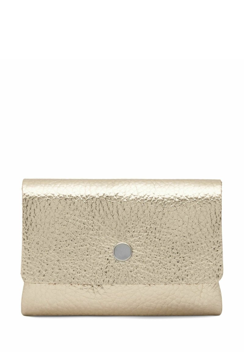 Metallic gold leather clutch wallet with a textured finish, features a snap closure, and a smooth circular metallic accent on the front.