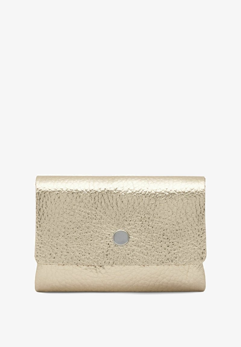 Metallic gold leather clutch wallet with a textured finish, features a snap closure, and a smooth circular metallic accent on the front.