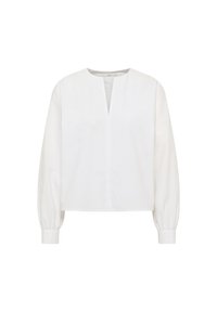 Weiße Baumwollbluse mit langen, puffigen Ärmeln, einem V-Ausschnitt und einem lässigen Schnitt. Sauberes Design ohne Muster oder zusätzliche Hardware.