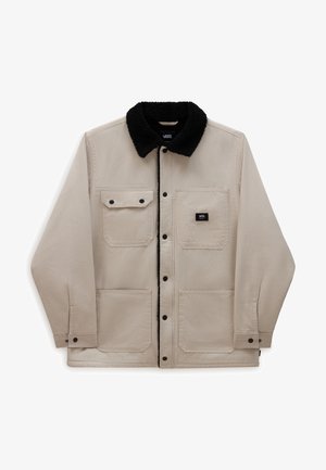 Beżowa kurtka z czarnym futrzanym kołnierzem, zatrzaskami, dwoma kieszeniami na piersi oraz dwoma dolnymi kieszeniami, wykonana z trwałej tkaniny, z metką marki.