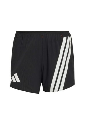 Schwarze Sportshorts mit einer strukturierten Stoffoberfläche, versehen mit einem weißen Dreistreifen-Design auf der linken Seite und einem elastischen Bund.