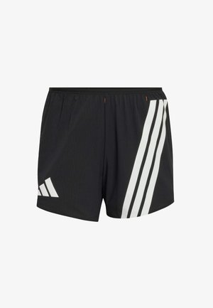 Schwarze Sportshorts mit einer strukturierten Stoffoberfläche, versehen mit einem weißen Dreistreifen-Design auf der linken Seite und einem elastischen Bund.