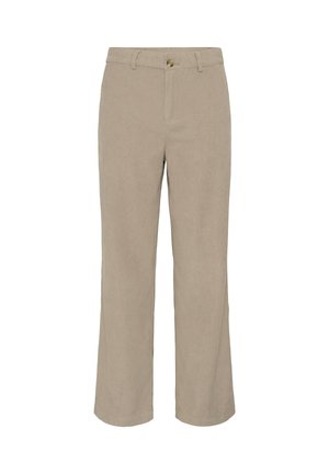 Beige Cordhose im entspannten Schnitt, mit einem Knopfverschluss vorne und zwei seitlichen Taschen. Strukturierter Stoff und gerade Beine.