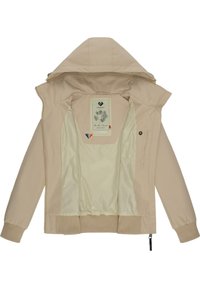 béžová, ľahká bunda s kapucňou, so zipsom a rebrovanými manžetami. Podšitá hladkým, svetlým materiálom a dekoratívnou vnútornou etikettou.