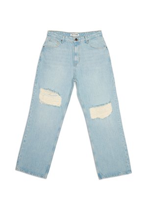 Jeans en denim bleu clair à coupe décontractée, avec deux déchirures à l'avant. Design classique à cinq poches et fermeture à bouton.
