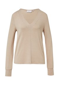Beige langärmliges Oberteil mit V-Ausschnitt, aus weichem Stoff gefertigt. Verfügt über eine gerippte Textur und einen geraden Saum mit genähten Detail.