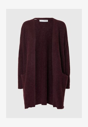 Maroon open cardigan made of soft, textured fabric. Features long sleeves, two front pockets, and an relaxed fit.