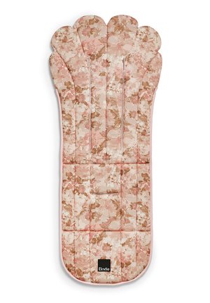 Rivestimento per passeggino imbottito con motivo floreale in tonalità rosa e beige, sagomato per supporto alla testa e al corpo, con etichetta del marchio Elodie.