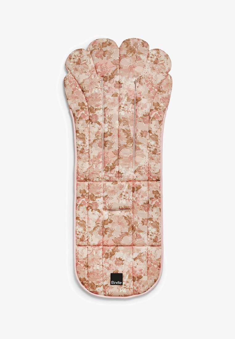 Rivestimento per passeggino imbottito con motivo floreale in tonalità rosa e beige, sagomato per supporto alla testa e al corpo, con etichetta del marchio Elodie.