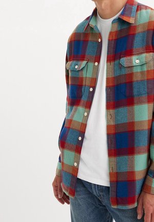 Homme portant une chemise à carreaux multicolores boutonnée sur un t-shirt blanc et un jean bleu, debout devant un fond clair uni.