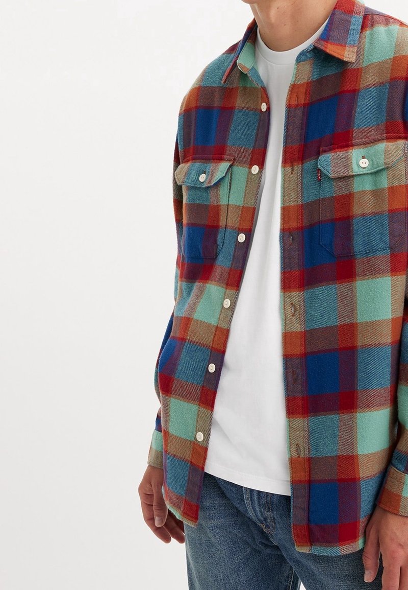 Homme portant une chemise à carreaux multicolores boutonnée sur un t-shirt blanc et un jean bleu, debout devant un fond clair uni.