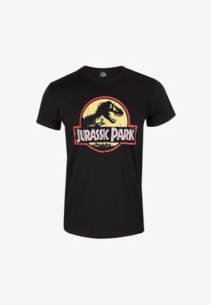 Černé bavlněné tričko s kulatým logem a grafikou dinosaura, na kterém je text "Jurský park" v červené a bílé barvě. Krátké rukávy, klasický střih.