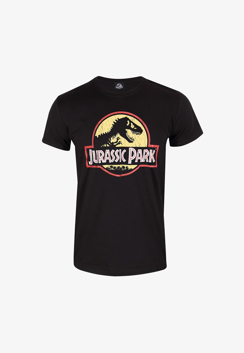 Černé bavlněné tričko s kulatým logem a grafikou dinosaura, na kterém je text "Jurský park" v červené a bílé barvě. Krátké rukávy, klasický střih.