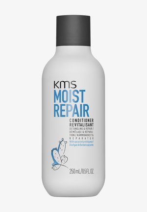 Flacon d'après-shampoing KMS Moist Repair avec bouchon noir, corps blanc, texte bleu et illustration de figuier de Barbarie, 250 ml pour démêler et réparer.
