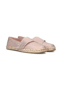 Roze metallic espadrilleschoenen met kruislings verstelbare banden, platte jute zolen en een zachte bovenkant van stof. Simpel, casual ontwerp dat geschikt is voor warm weer.