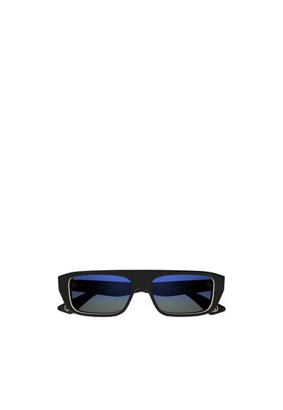 Occhiali da sole neri rettangolari con lenti a gradiente blu, accenti dorati sugli steli e finitura opaca. Superficie riflettente sulle lenti.