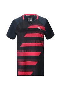 Sort atletisk t-shirt med korte ærmer, prydet med lyserøde diagonale striber og logo på forsiden, lavet af letvægts, glat stof.