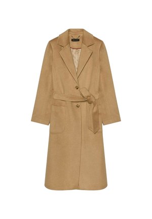 Trench coat de mezcla de lana en color tostado con cintura ceñida, cuello tipo solapa, dos bolsillos frontales y cierre de un solo botón. Presenta un forro texturizado.