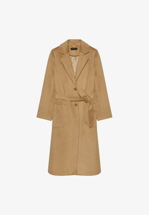 Beige Wollmischung-Trenchcoat mit Taillengürtel, Reverskragen, zwei Fronttaschen und einer Knopfschließe. Mit einer strukturierten Fütterung.