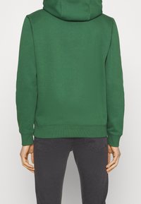 Persona con sudadera verde y jeans negros, vista desde atrás, apoyada en un fondo claro.