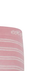Rosa Baumwollsocken mit weißen Streifen und einem strukturierten Saum oben, der ein dezentes Logosymbol zeigt. Klassische Crew-Sockenform.