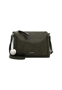 Borsa a tracolla verde oliva realizzata in pelle testurizzata, con dettagli intrecciati sui lati, un logo argentato e una catena rimovibile.