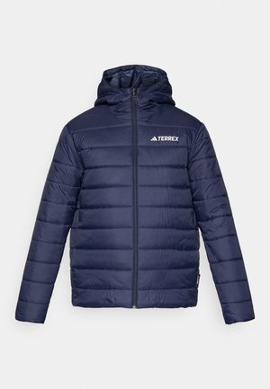 Navy puffer jacket with a hood, featuring a front zipper, horizontal quilted texture, and a white TERREX logo on the upper left side.
