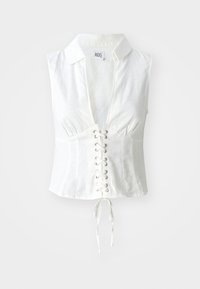 Camicia senza maniche in lino bianco con scollo a V profondo e punta con lacci. Presenta un colletto, cuciture laterali e un dettaglio con fiocco nella parte inferiore.