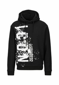 Sweat à capuche noir arborant un texte graphique blanc et un motif éclaboussé. Confectionné en tissu doux, avec une poche kangourou et des poignets côtelés.