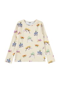 Krēmu krāsas garām piedurknēm krekliņš ar atkārtotiem izdrukām, uz kurām redzami truši, kaķēni un putni, kas valkā krāsainus ziedu cepurītes.