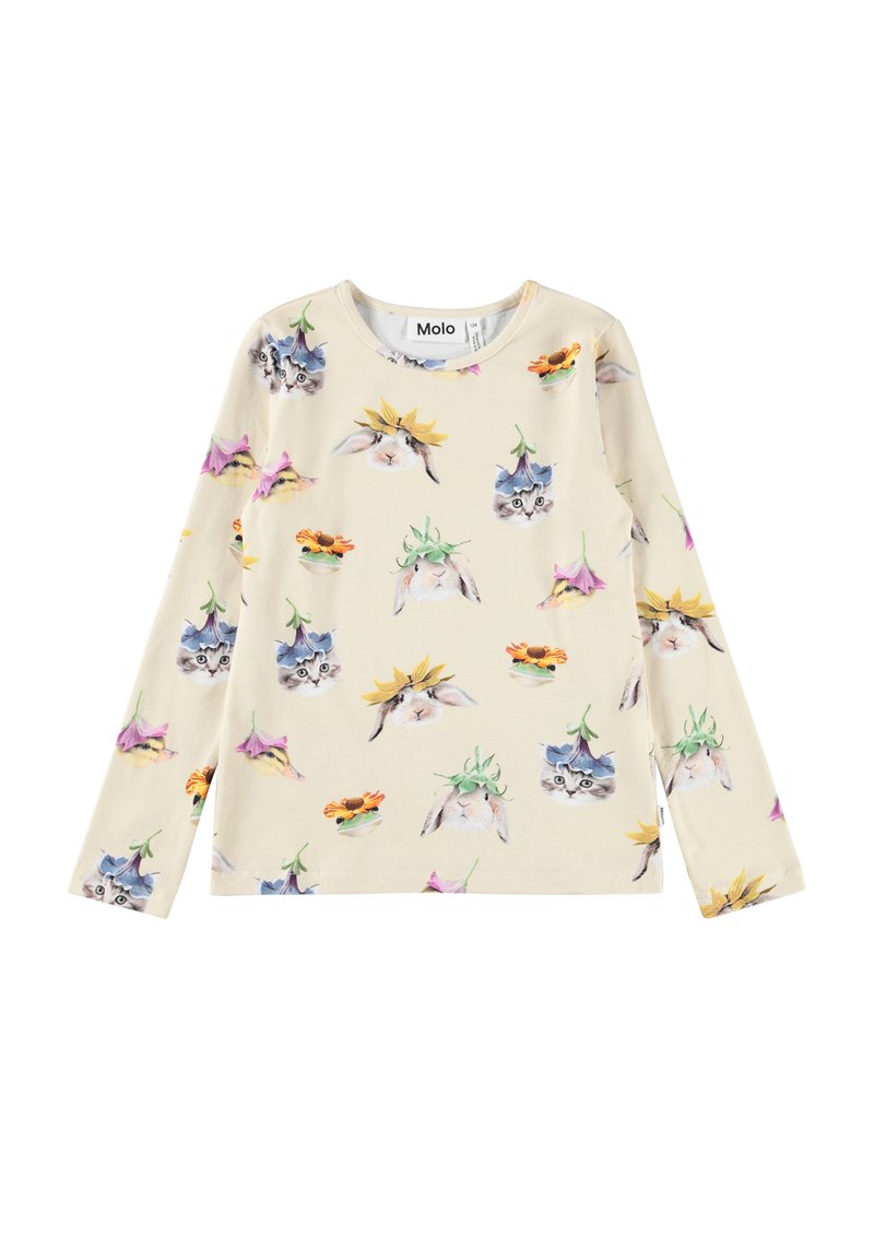 Krēmu krāsas garām piedurknēm krekliņš ar atkārtotiem izdrukām, uz kurām redzami truši, kaķēni un putni, kas valkā krāsainus ziedu cepurītes.