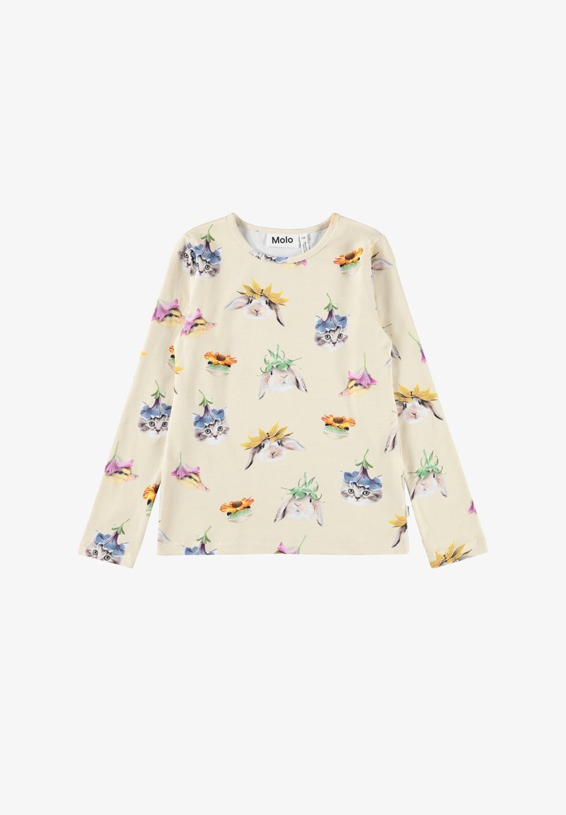 Krēmu krāsas garām piedurknēm krekliņš ar atkārtotiem izdrukām, uz kurām redzami truši, kaķēni un putni, kas valkā krāsainus ziedu cepurītes.