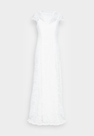 Hvid blonde maxikjole med korte, gennemsigtige ærmer, en tætsiddende bøst og en flydende skørt med intrikate blomster mønstre.