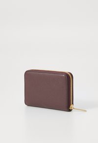 Burgundy leather wallet with a smooth texture, zippered closure, and gold-tone hardware. Rectangular shape with rounded edges.