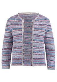 Pletený cardigan s vícebarevnými pruhy v modré, růžové a šedé barvě, s texturovaným povrchem a otevřeným předním designem.