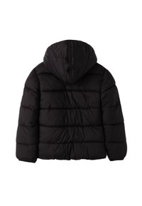 Giacca a vento nera con cappuccio, caratterizzata da sezioni trapuntate per l'isolamento, texture liscia e orlo ed elastici sulle maniche.