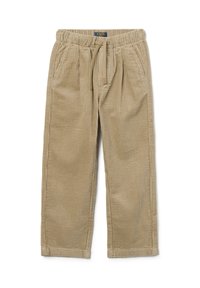 Beige corduroy broek met een elastische tailleband, trekkoord, zijzakken en een gestructureerd ribbelpatroon. Rechte pijpen.