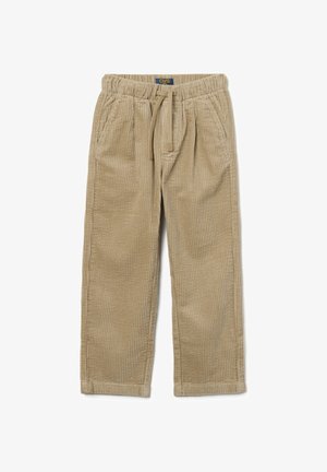 Beige corduroy pants with an elastic waistband, drawstring, side pockets, and a textured ribbed pattern. Straight-leg design.