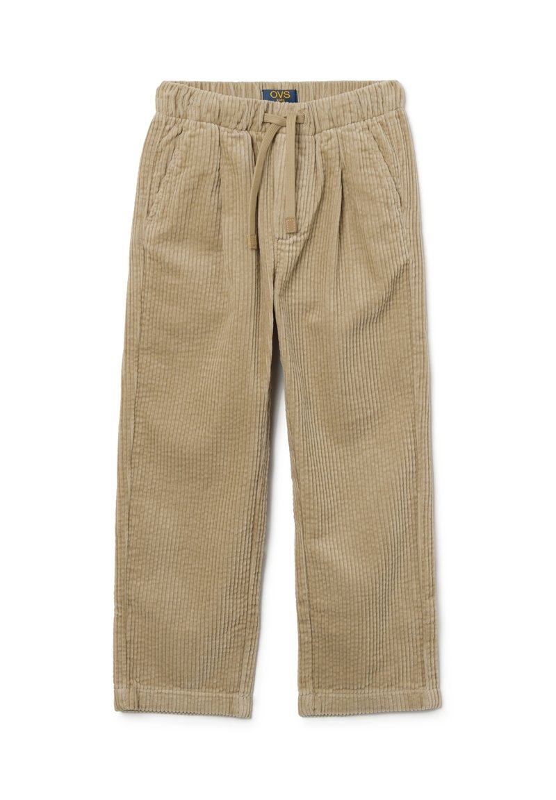Beige corduroy broek met een elastische tailleband, trekkoord, zijzakken en een gestructureerd ribbelpatroon. Rechte pijpen.