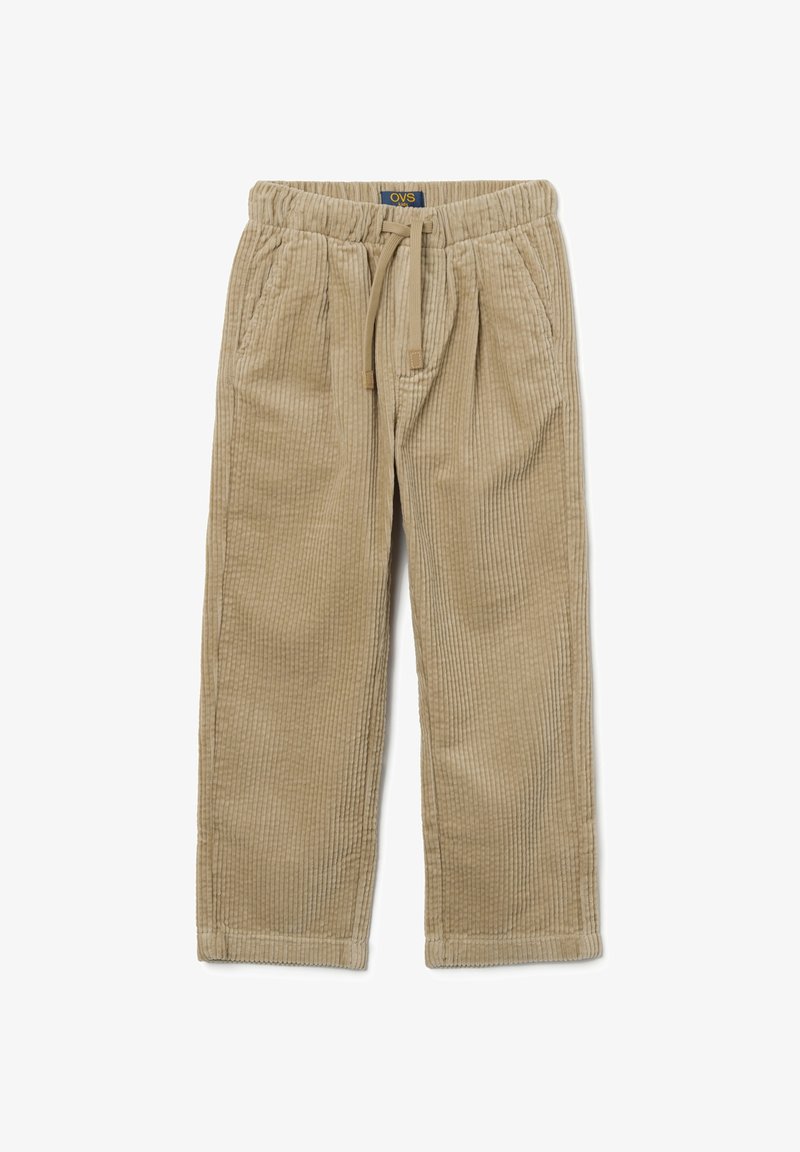 Beige corduroy broek met een elastische tailleband, trekkoord, zijzakken en een gestructureerd ribbelpatroon. Rechte pijpen.