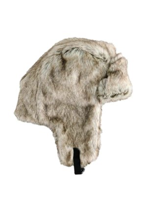Faux fur hat in shades of grey and beige, featuring a soft, textured surface, flaps for ear coverage, and a black adjustable strap.