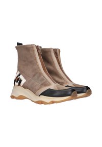 Brown suede ankle boots with black rubber toe cap and tan sole; featuring a zip closure and a textured spotted panel on the side.