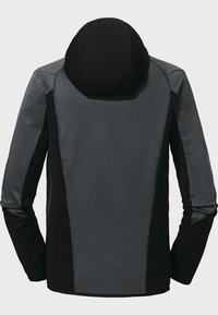 Technical jacket in gray and black, featuring a hood, smooth texture, and contrasting side panels with visible stitching details.