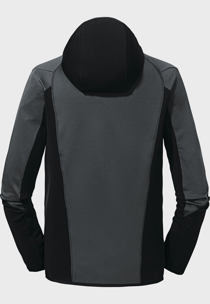 Technische Jacke in Grau und Schwarz, mit Kapuze, glatter Textur und kontrastierenden Seitenpaneelen mit sichtbaren Nähdetails.