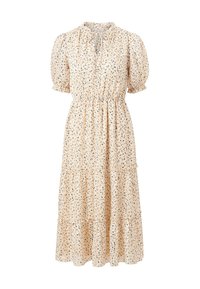 Ljus beige blommig klänning med puffärmar, krage och midja som är åtdragen. Har volangstycken och ett fint blommönster i blått och grönt.