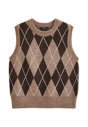 Veste en tricot sans manches avec motif en losanges argyle marron et beige, col, emmanchures et ourlet côtelés.