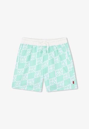 Short de bain vert menthe à motif carreaux avec "HUGO" en blanc. Taille élastique avec cordon de serrage et poches latérales.
