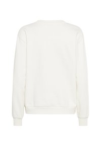 White sweatshirt made of soft fabric, crew neck design, ribbed cuffs and hem, relaxed fit with a smooth texture, plain without patterns.