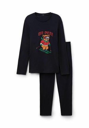 Navy pajama set featuring long-sleeve top with a cartoon bear skiing and "OFF-PISTE" text, paired with matching solid-colored pants.